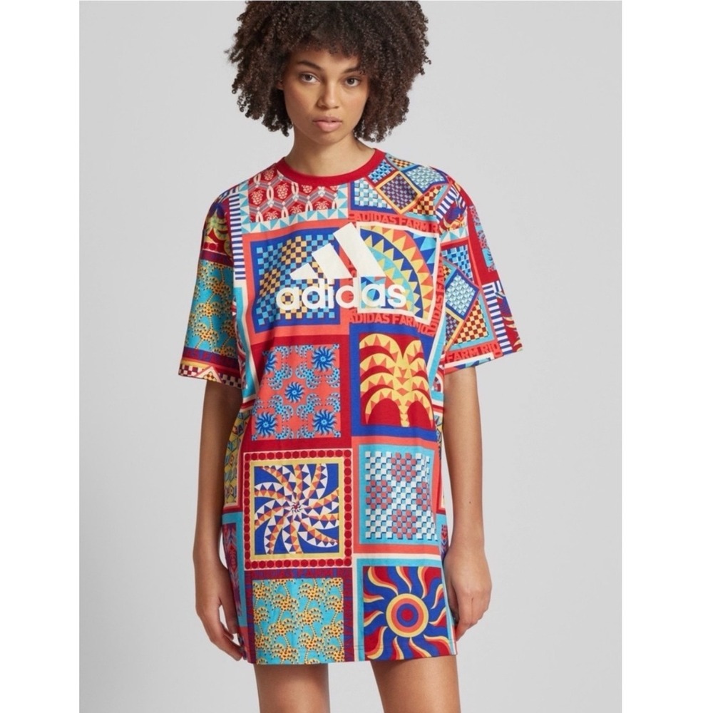 Adidas x Farm Rio T-Shirt Dress Women Medium Multicolor Geometric Patchwork